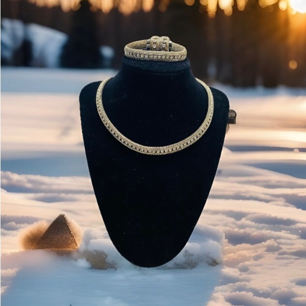 1930-40s Elegant Gold Tone Choker Necklace, Bracelet & Earrings Set PAT 1967965